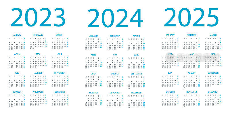 日历2023 2024 2025 -简单布局插图。一周从周一开始。日历设定为2023年2024年2025年